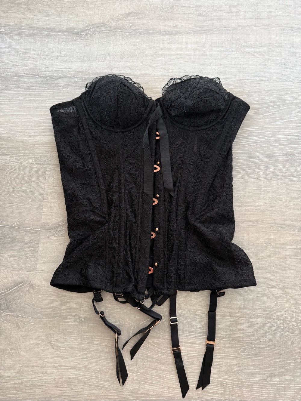 Savage X Fenty Black Lace Bustier Corset with Garter Straps